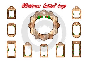 Set tags, labels in knitted style. Christmas or New Year tags in knitted style. For thematic sales or decoration shops