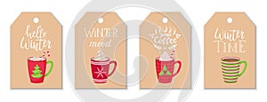 A set of tags with red coffee and cocoa mugs with whipped cream and hand lettering on the theme of winter and coffee. Hand