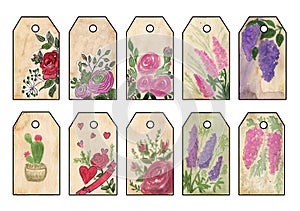 Set of tags with retro watercolor flowers
