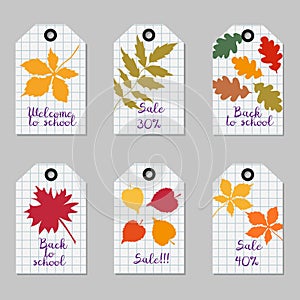 Set of tags with tree leaves. School background.