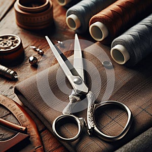 Set of tailoring sheers (scissors) set on fabric cutting table