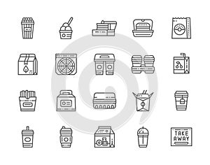 Set of Takeaway Line Icons. Popcorn Bucket, Lunch Box, Cardboard Cups and more.