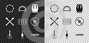 Set Tambourine, Drum, Banjo, Audio jack, and drum sticks, and Sound mixer controller icon. Vector