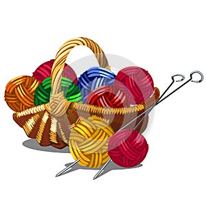 A set of tangles of multicolored yarn in a wicker basket isolated on white background. Vector cartoon close-up photo