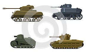 Set Tank American German Britain French World War 2. Military army machine war, weapon, battle symbol silhouette side