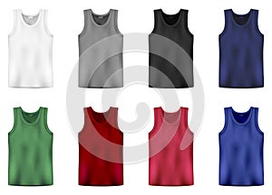 Set of tank top in white, gray,black, blue, green and red colors. Men vest underwear. Isolated sleeveless male sport shirts or men