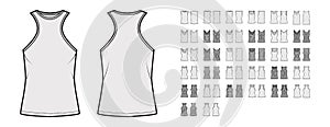 Set of tanks tops, shirts technical fashion illustration with fitted racerback, oversized body, scoop V-neck, sleeveless