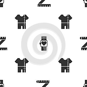 Set Tape measure, Smart watch and Sport track suit on seamless pattern. Vector