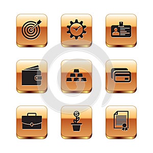 Set Target with arrow, Briefcase, Dollar plant in the pot, Gold bars, Wallet and Identification badge icon. Vector