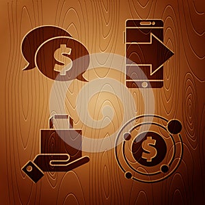 Set Target with dollar symbol, Speech bubble with dollar, Hand and paper shopping bag and Smartphone, mobile phone on