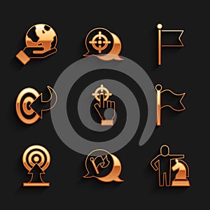 Set Target, Flag, Chess, with arrow, and Hand holding Earth globe icon. Vector