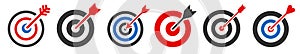 Set target flat icons, archery target with arrow isolated, goal symbol collection, victory sign, darts bullseye logo