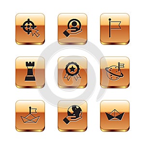 Set Target, Folded paper boat, Hand holding Earth globe, Medal, Chess, Flag, and for search people icon. Vector