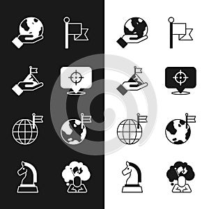 Set Target, Mountains with flag, Hand holding Earth globe, Flag, Planet, Man and Chess icon. Vector