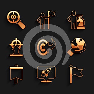 Set Target, Rocket ship, Flag, Hand holding Earth globe, Chess and with magnifying glass icon. Vector