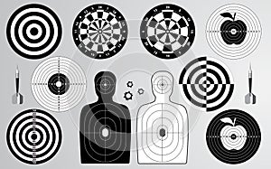 Set of target, shooting range, dart board.