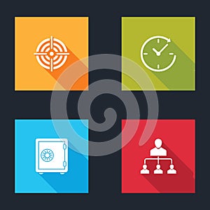 Set Target sport, Clock with arrow, Safe and Referral marketing icon. Vector