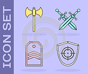 Set Target sport, Medieval axe, Chevron and Crossed medieval sword icon. Vector