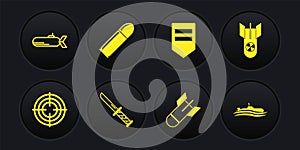Set Target sport, Nuclear bomb, Military knife, Aviation, Chevron, Bullet, Submarine and icon. Vector