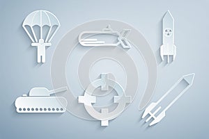 Set Target sport, Nuclear rocket, Military tank, Rocket, Submarine and Parachute icon. Vector
