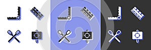 Set Target sport, Trap hunting, Burning match with fire and Hunting cartridge belt icon. Vector