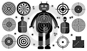 Set of targets shoot gun aim people man isolated. Sport Practice Training. Sight, bullet holes. Targets for shooting. Darts board photo