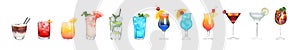 Set of tasty alcoholic cocktails on background. Banner design