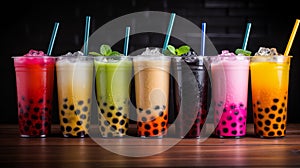 Set of tasty bubble tea in plastic cups on dark background