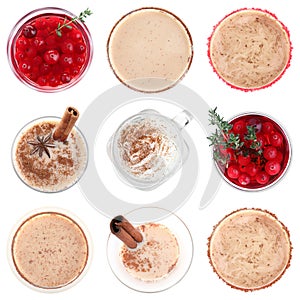 Set of tasty cocktails with liqueurs isolated on white, top view