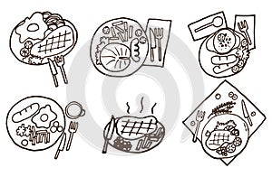 Set of delicious breakfast, lunch and dinner dish. western food, steak, salmon, sausage, egg and fries. hand drawn vector. doodle