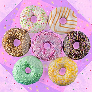 Set of tasty doughnuts with different kinds of topping on colorful background.