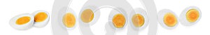 Set with tasty hard boiled eggs on white background. Banner design