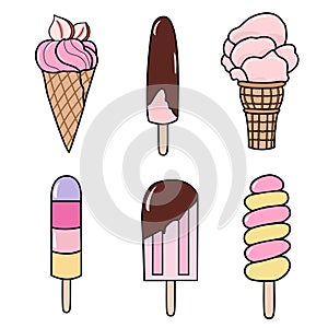 Set of tasty ice creams clipart. Sweet summer delicacy ice-cream and popsicles illustrations with different tastiest.