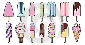 Set of tasty ice creams clipart. Sweet summer delicacy ice-cream and popsicles illustrations with different tastiest.