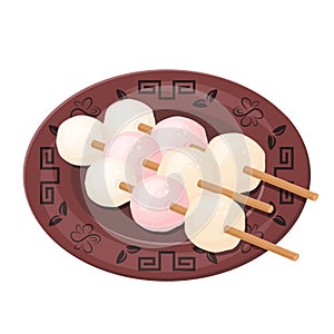 Set of tasty pink and yellow Tsukimi dango. Japanese sweet. Whole rice flour balls. Vector flat drawn illustration for restaurant photo