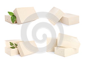 Set with tasty raw tofu on white background