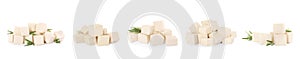 Set with tasty raw tofu on white background. Banner design