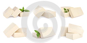 Set with tasty raw tofu on white background. Banner design