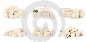 Set with tasty raw tofu on white background. Banner design
