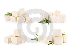 Set with tasty raw tofu on white background