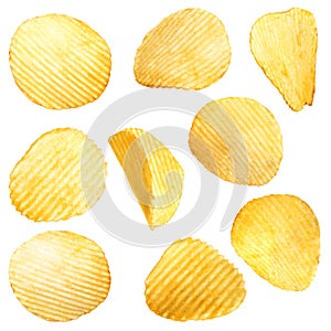 Set of tasty ridged potato chips on white