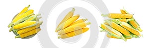 Set with tasty ripe corn cobs on background, top view. Banner design