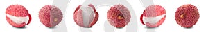 Set with tasty ripe lychee fruits on white. Banner design