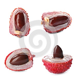 Set with tasty ripe lychee fruits on white background