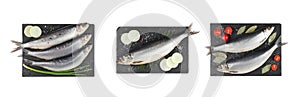 Set with tasty salted herrings on white background, top view. Banner design