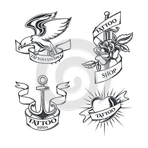 Set of tattoo emblems, labels, badges, logos. Isolated on white