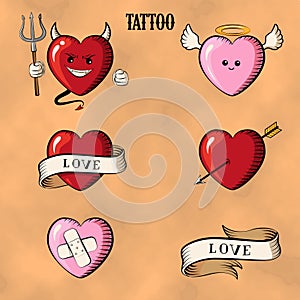 Set Tattoo Heards. Isolated tattoo hearts: Devil, angel, heart with arrow. Old School
