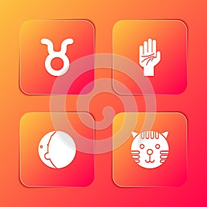 Set Taurus zodiac, Palmistry of the hand, Eclipse sun and Tiger icon. Vector