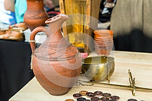 Set tavern table scales payment drink beer wine big jug clayed coins drawing medieval design