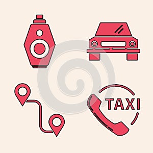 Set Taxi call telephone service, Car key with remote, Car and Route location icon. Vector